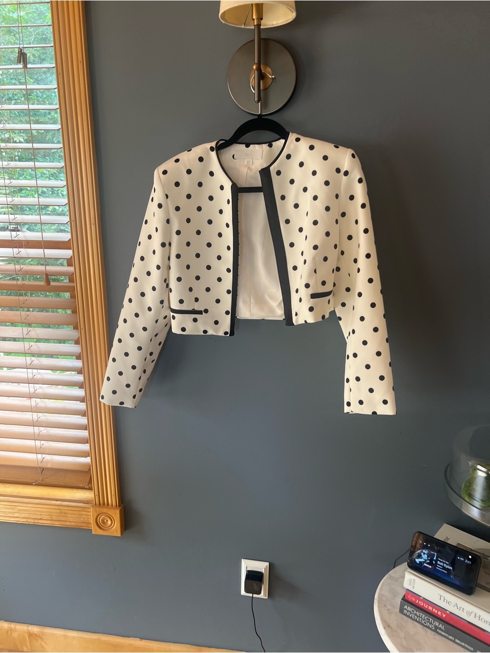 Zara White Polka Dot Cropped Blazer with Black Trim